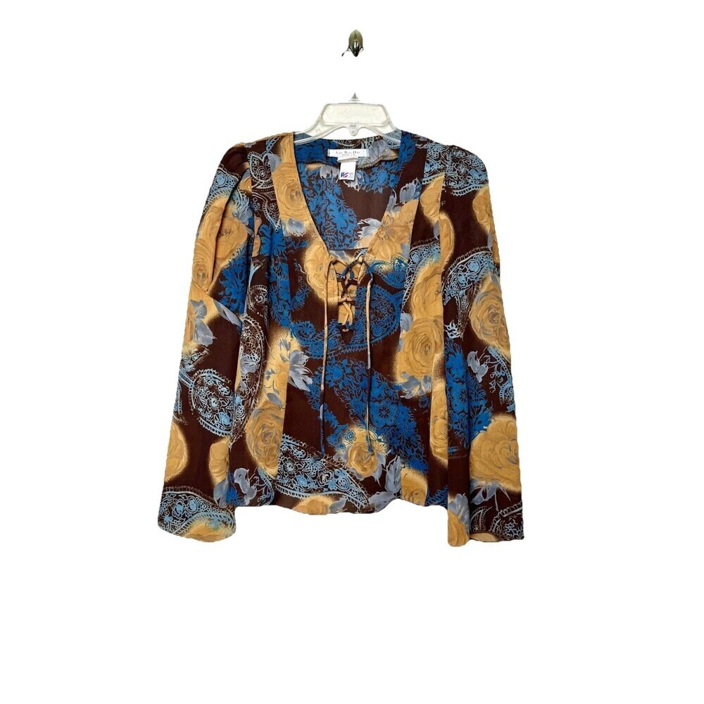 Vintage Y2K Floral Mesh Top Brown Blue Lace Up Bell Sleeve Sheer Blouse Size 7